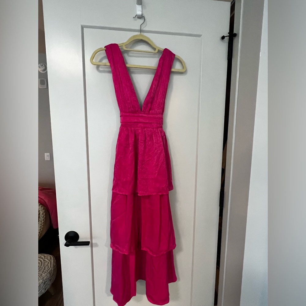 Lulu’s hot pink satin tiered dress